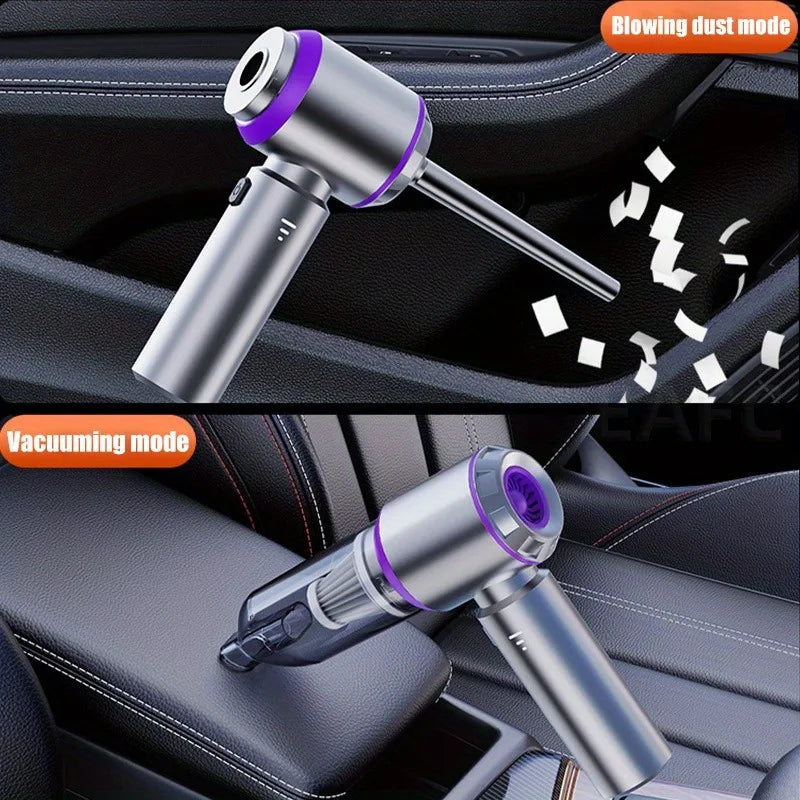 Handheld vacuum cleaner demonstrating blowing and vacuuming modes inside a vehicle.