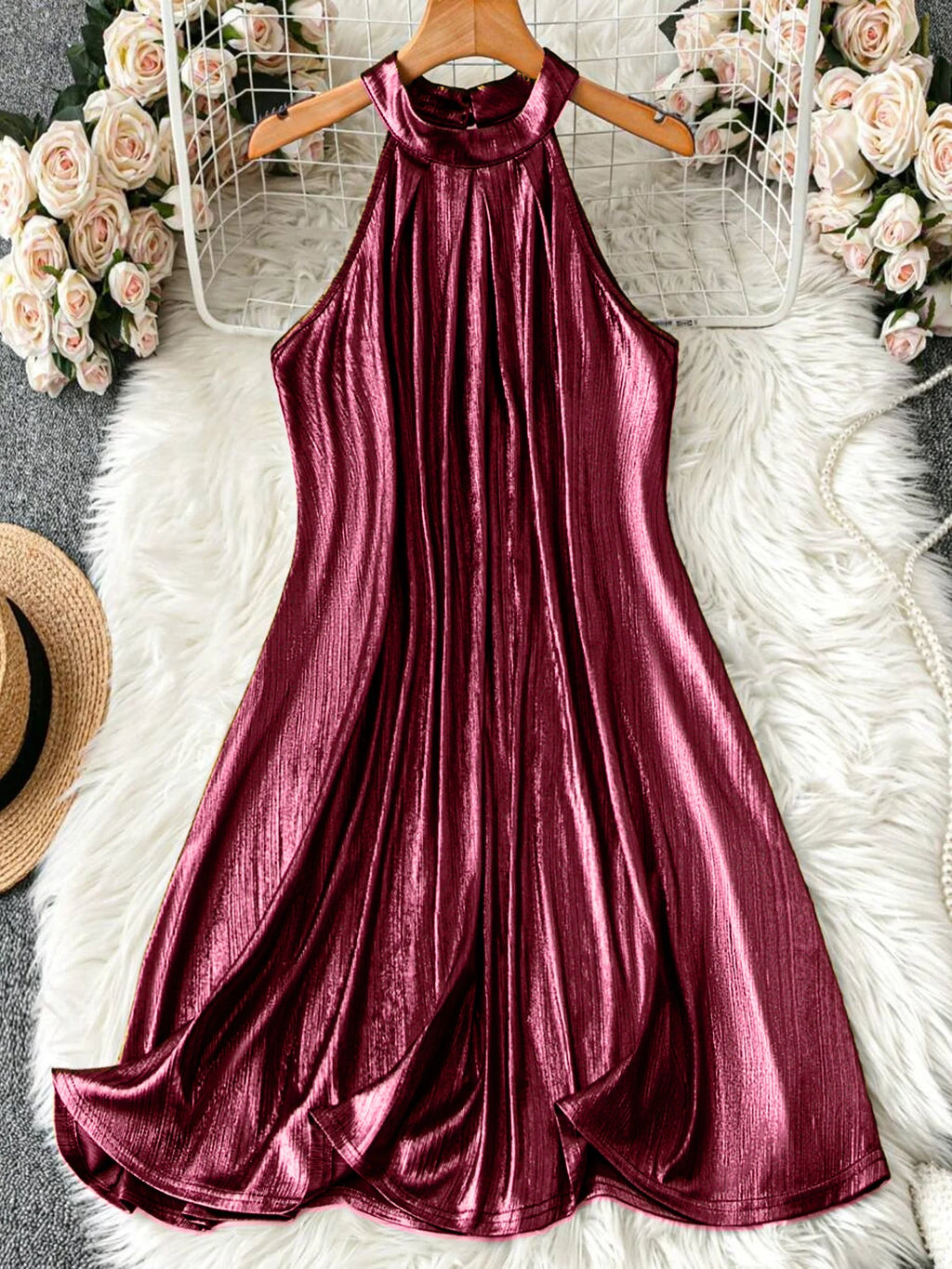 Metallic Gold Halter Mini Dress - Sleeveless A-Line Cocktail Dress – Claret