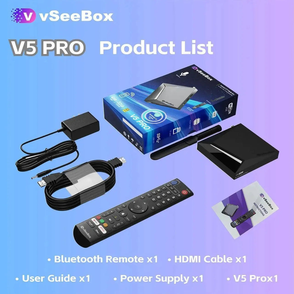 A promotional product list of a streaming media box kit including its remote, cable, power supply, manual and device.