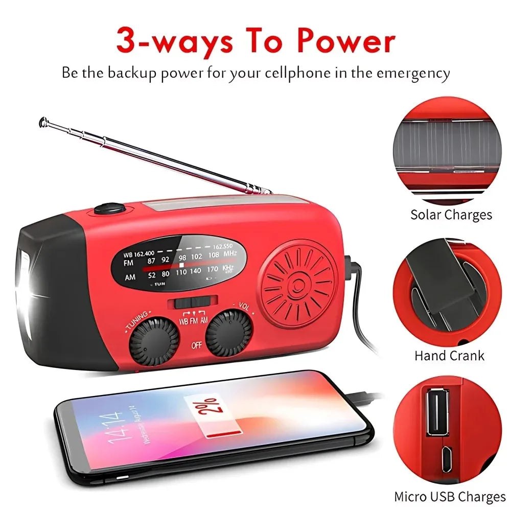 Portable red solar emergency radio charging a mobile phone with icons for solar, crank, and USB charging