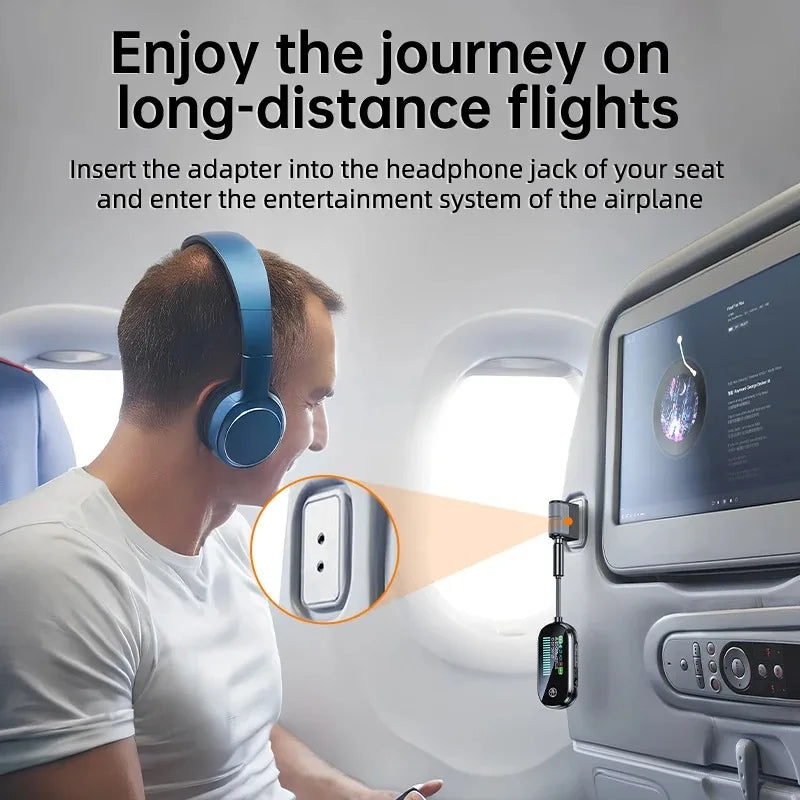 Man using a Bluetooth audio adapter with headphones on an airplane