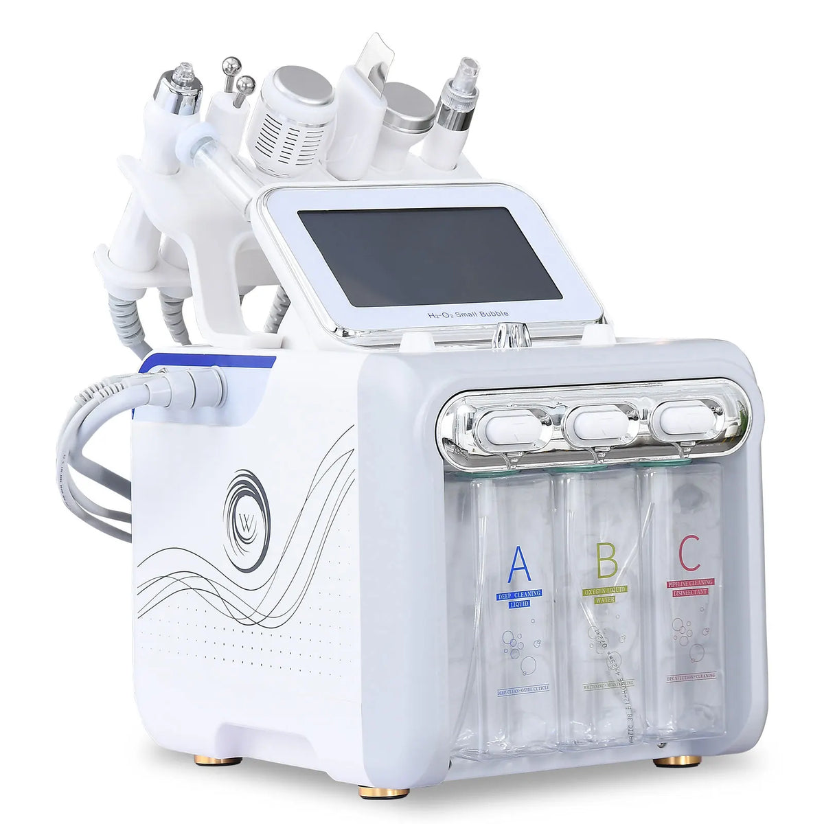6-in-1 aqua peeling facial machine with interchangeable treatment probes and three solution chambers, white aesthetic