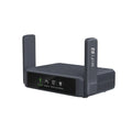 Grey portable Wi-Fi 7 travel router with front display screen and two antennas