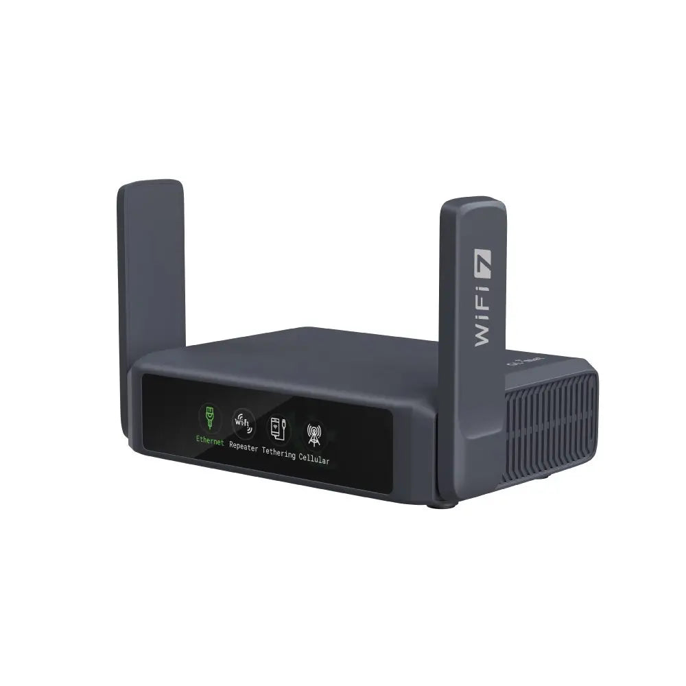 Grey portable Wi-Fi 7 travel router with front display screen and two antennas
