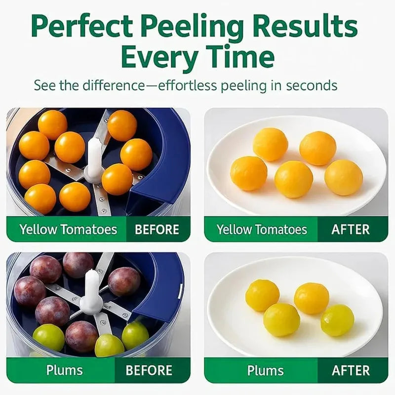 Before and after comparison of tomatoes and plums peeled by a machine