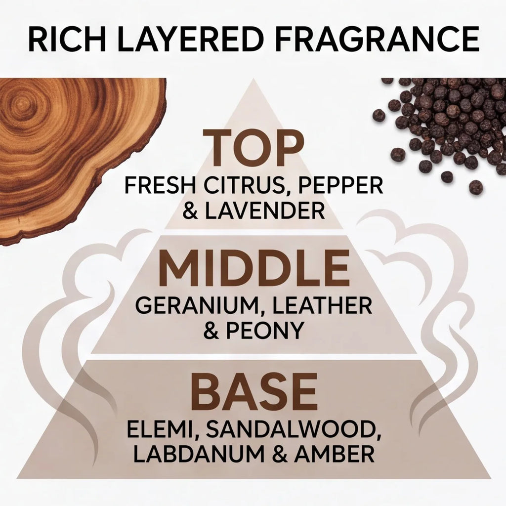 A fragrance pyramid chart showing top, middle, and base notes