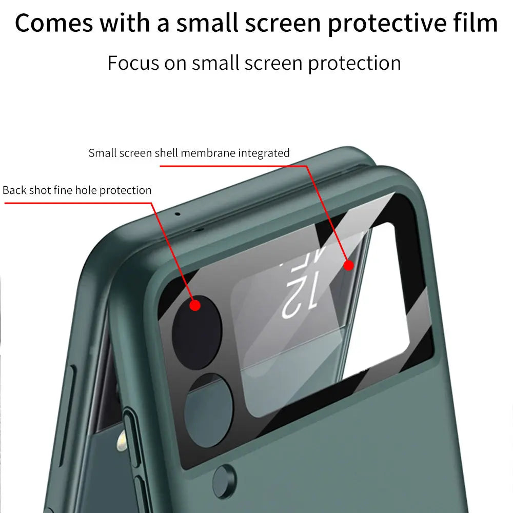 Close up of dark green protective case for folding smartphone showing integrated screen protector
