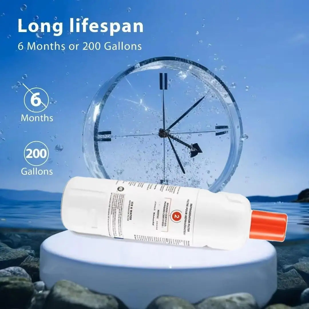 Graphic showing a refrigerator water filter with text indicating a 6-month or 200-gallon lifespan.