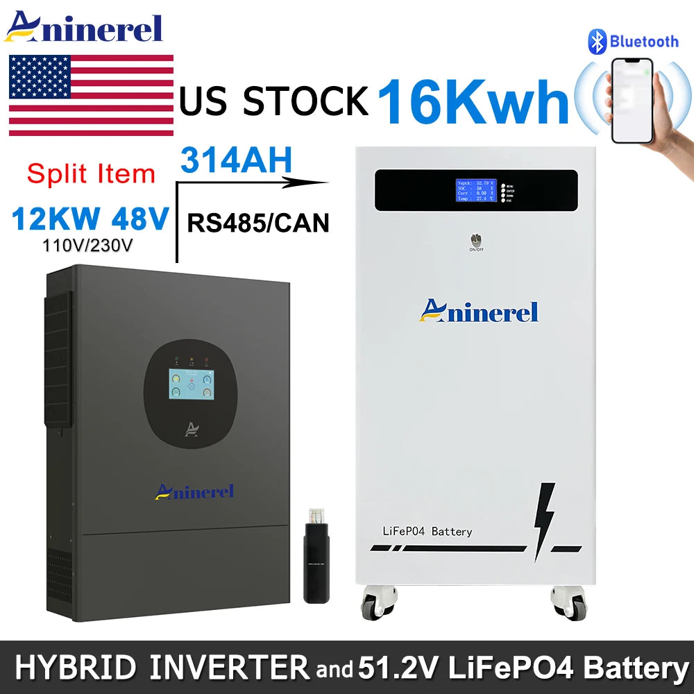 Aninerel 11KW Hybrid Solar Inverter and 51.2V 314Ah LiFePO4 Battery – Gray