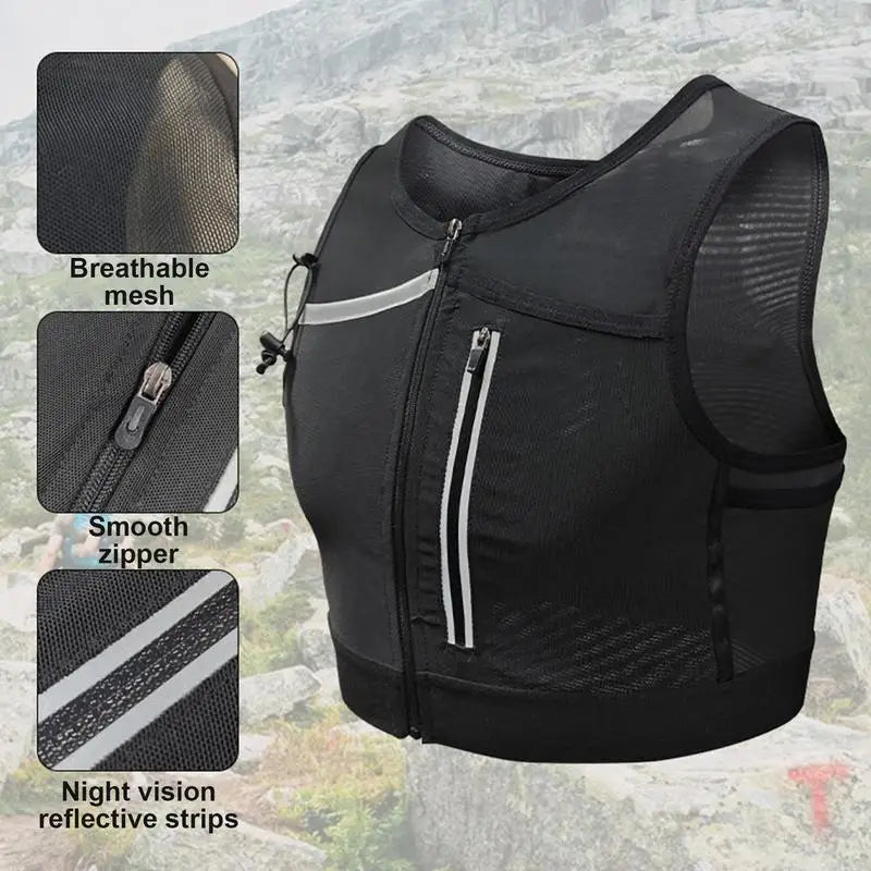 Black breathable running chest vest with close ups of features
