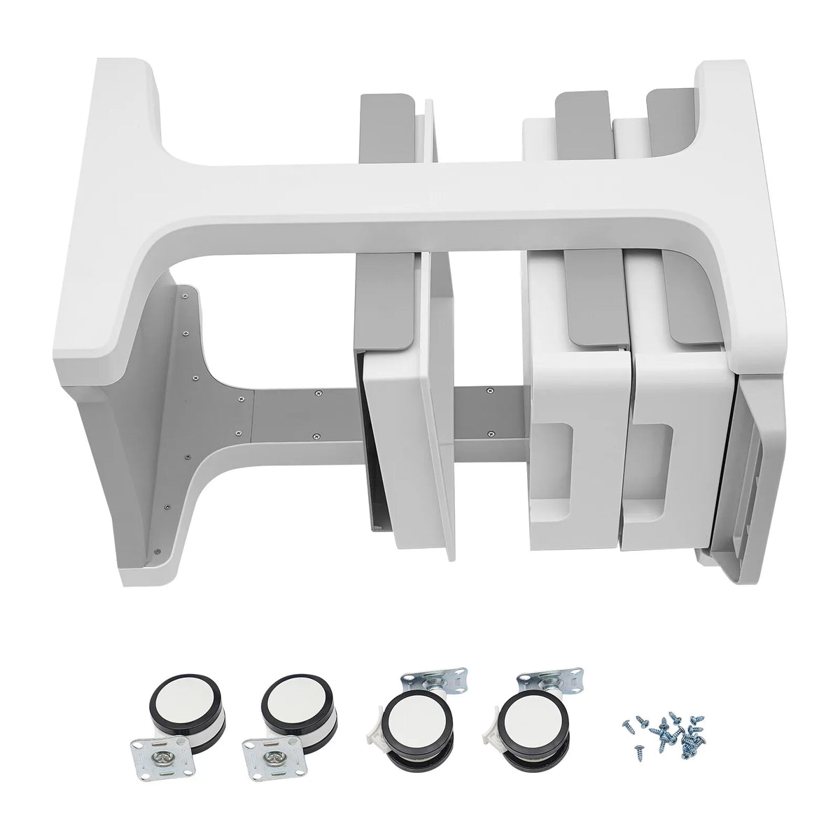Disassembled white mobile storage cart parts with wheels and screws on a white background