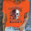 Skull & Letter Print Crew Neck T-Shirt for Women – Orange Red