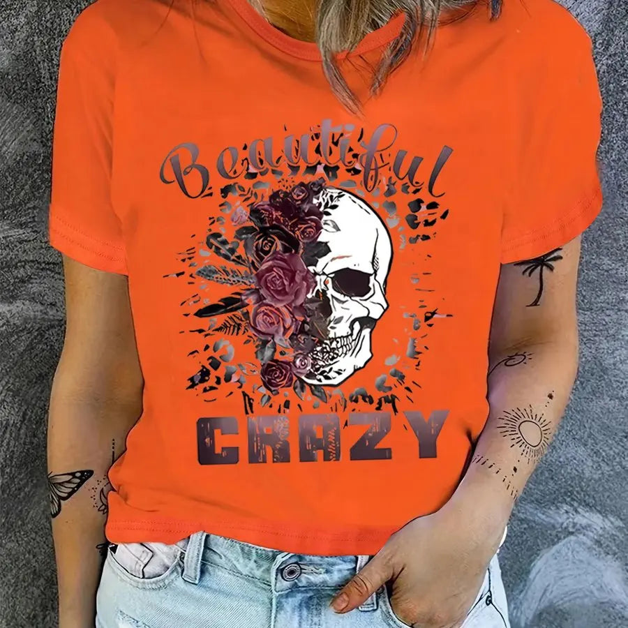 Skull & Letter Print Crew Neck T-Shirt for Women – Orange Red