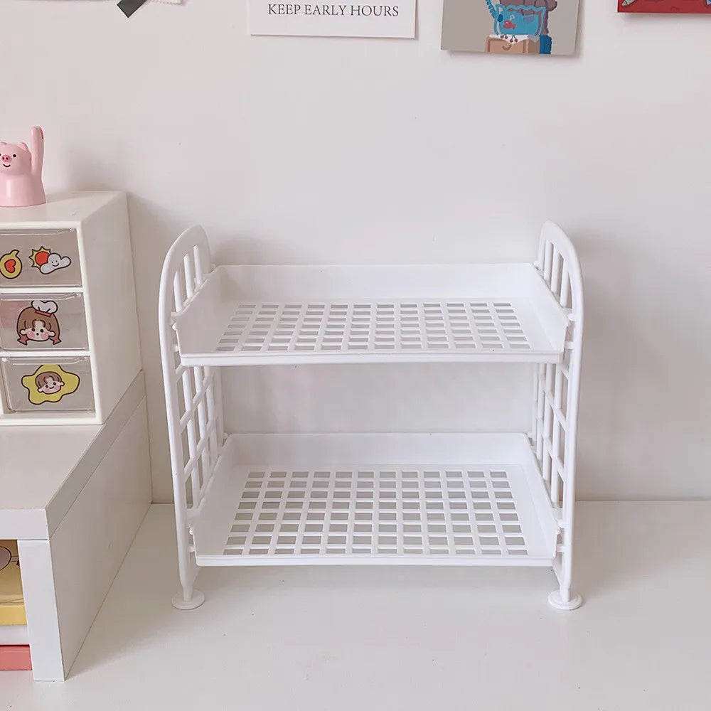 White two-tier plastic desk storage shelf