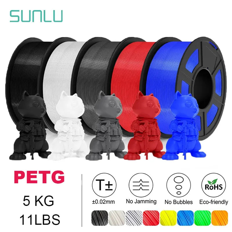 Multi-colored PETG 3D printer filament spools and various printed figurines