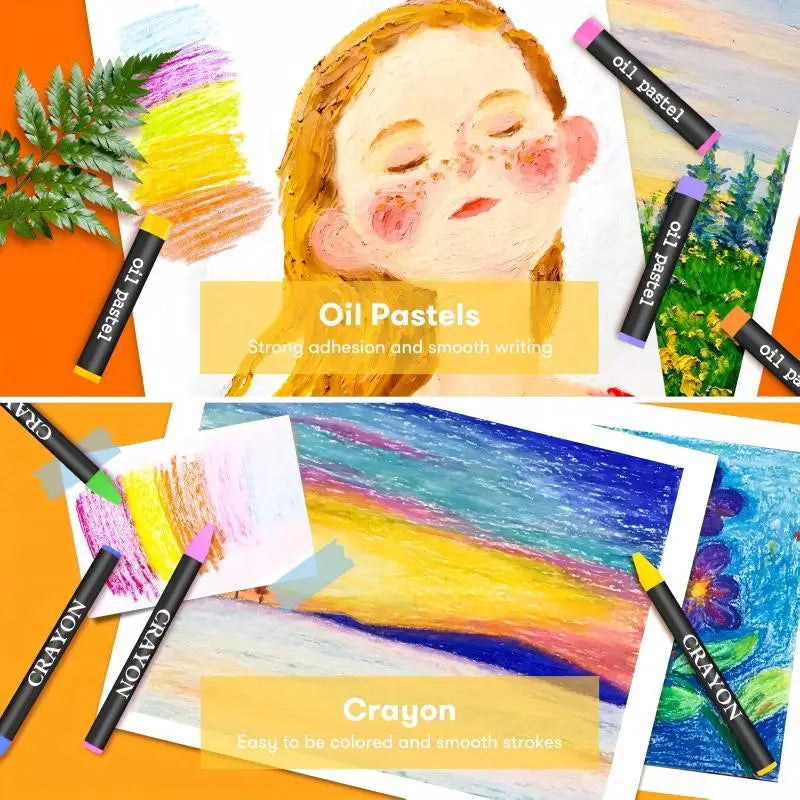Close-up of oil pastels and wax crayons with drawings showcasing their vibrant colors and smooth application.