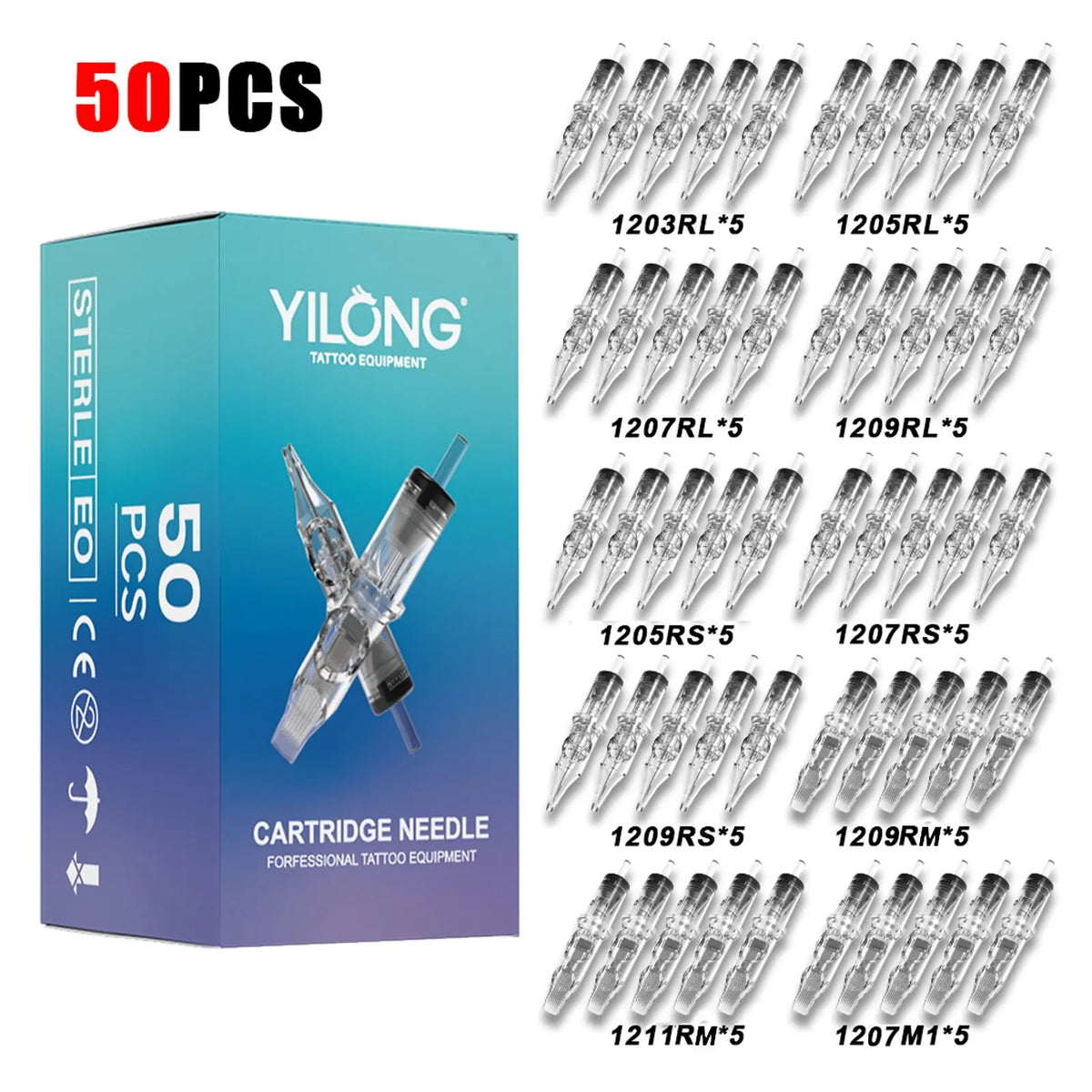 Set of 50 transparent tattoo needle cartridges in different sizes with product packaging box.