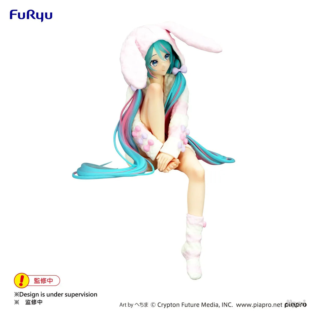 Hatsune Miku anime noodle stopper figure wearing a pink bunny ear pajama hoodie