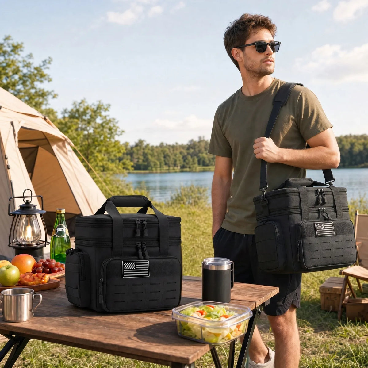Black 18L tactical cooler bag on wooden table at campsite