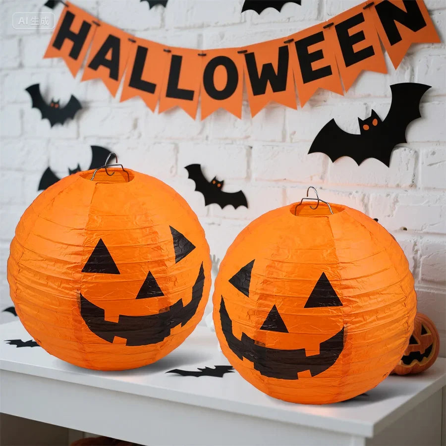 Halloween Pumpkin Paper Lanterns, 8-inch Decorative Hanging Props – 2pcs