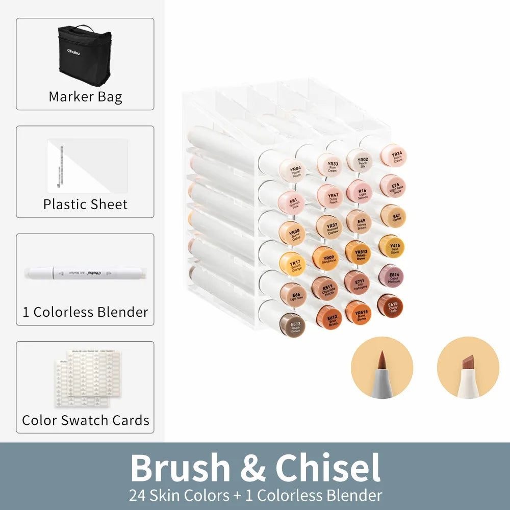 Ohuhu Honolulu Dual-Tip Alcohol Art Marker Set with Carrying Case – 24 Skin Tone Colors