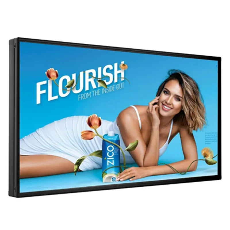 Digital LED display board showing a commercial for a health drink with a model