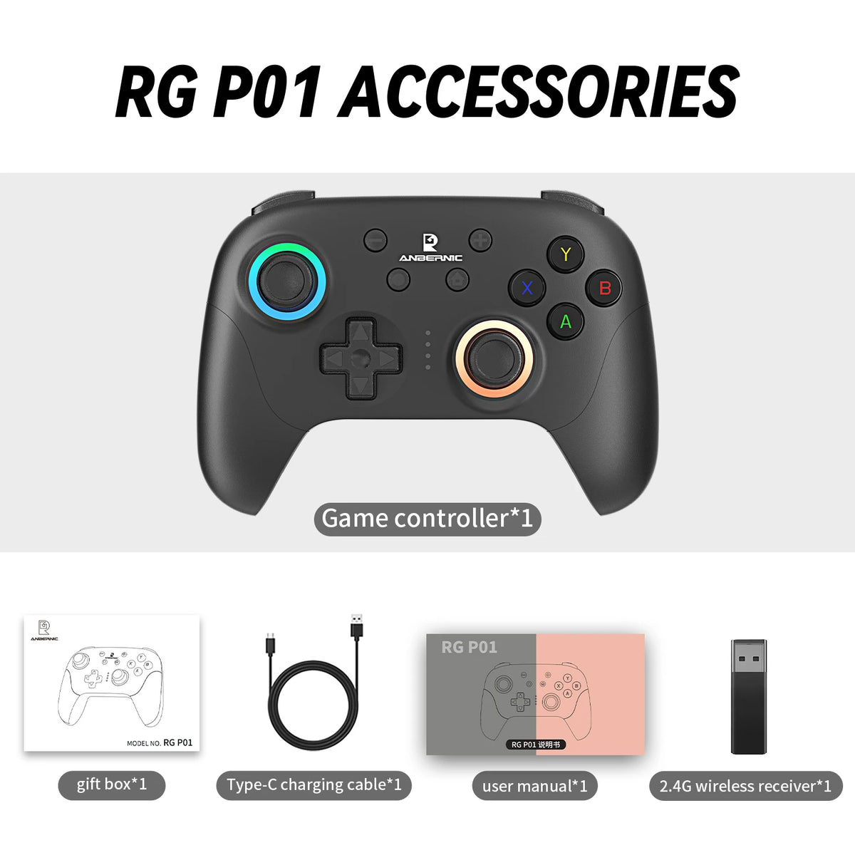 Anbernic RG P01 Wireless Retro Game Controller with Hall Effect Joysticks – New Black