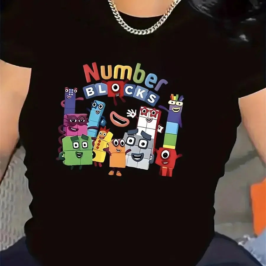 Numberblocks Cartoon Print T-Shirt for Women, Short Sleeve Cotton Tee – Black