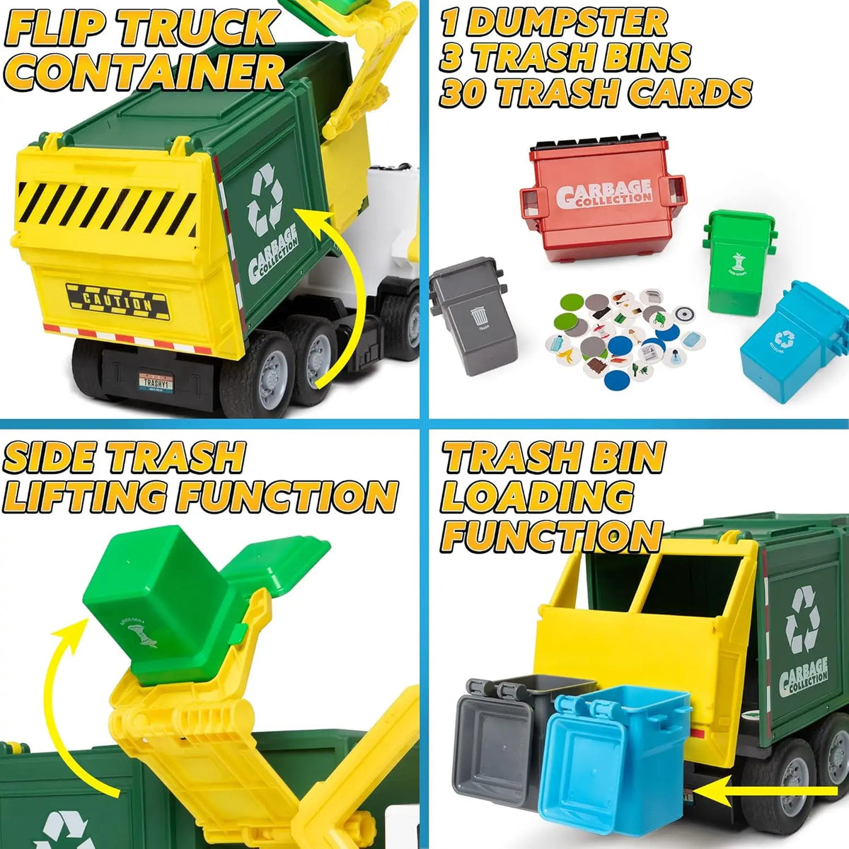 Detailed features of a toy garbage truck including lift, loading functions, dumpster, bins, and recycling cards