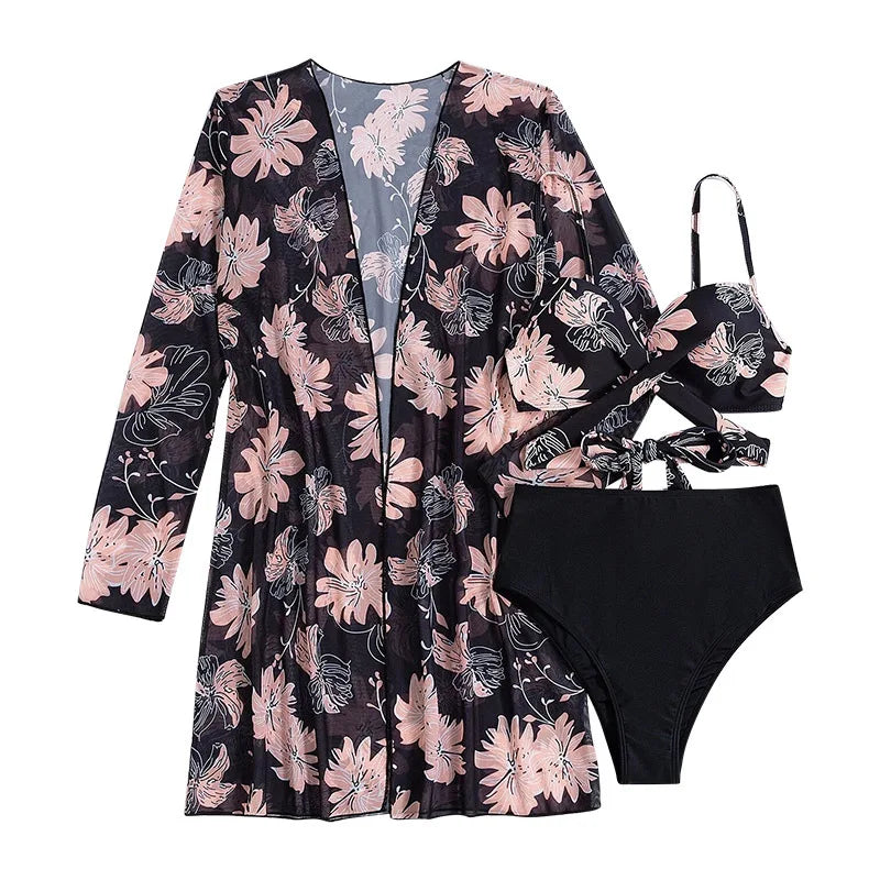 Floral Twist 3-Piece Bikini Set with Long Sleeve Cover-Up – Black