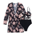Floral Twist 3-Piece Bikini Set with Long Sleeve Cover-Up – Black