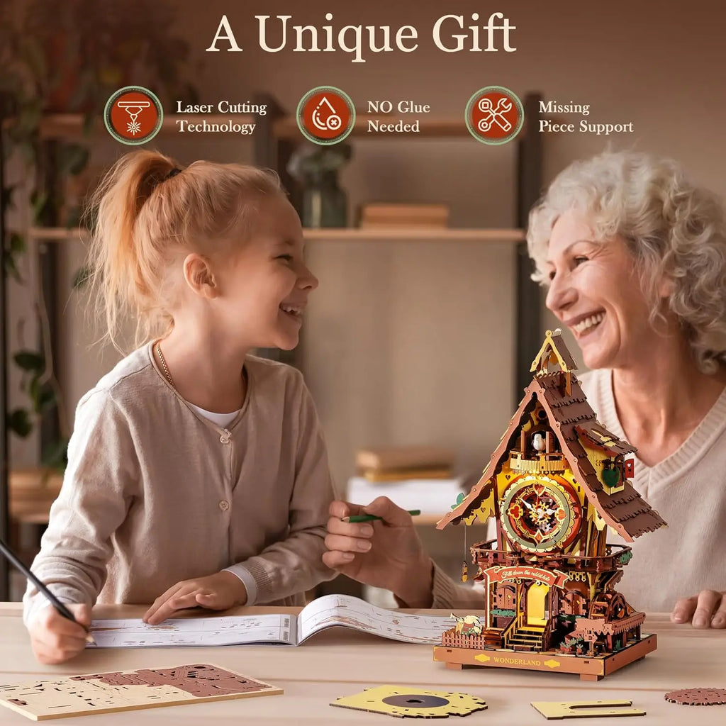 Child and senior assembling a 3D wooden cuckoo clock puzzle together