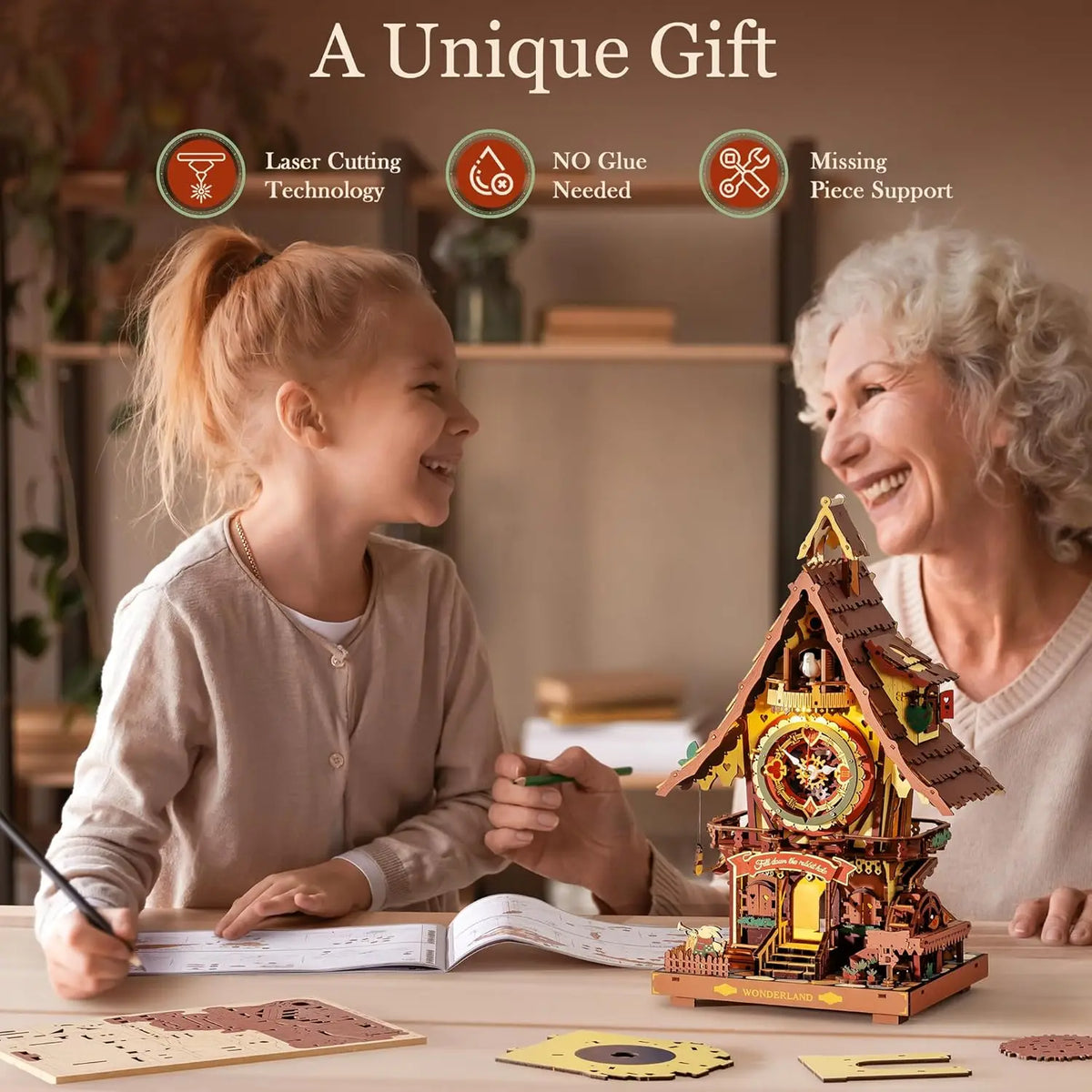 Child and senior assembling a 3D wooden cuckoo clock puzzle together