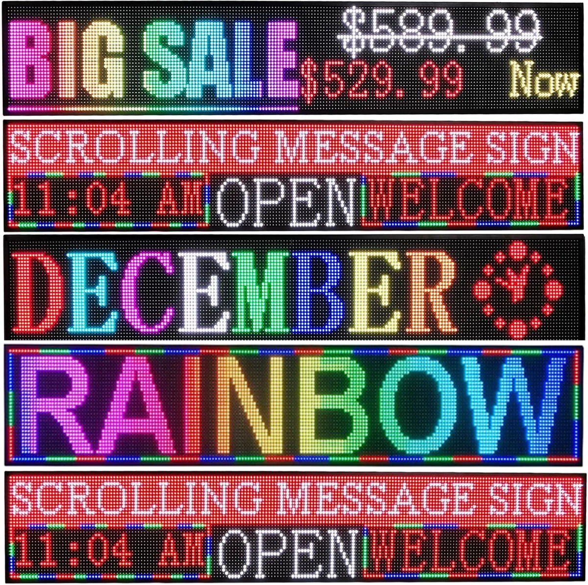 Composite image showing five horizontal LED sign displays with various multi-colored text messages