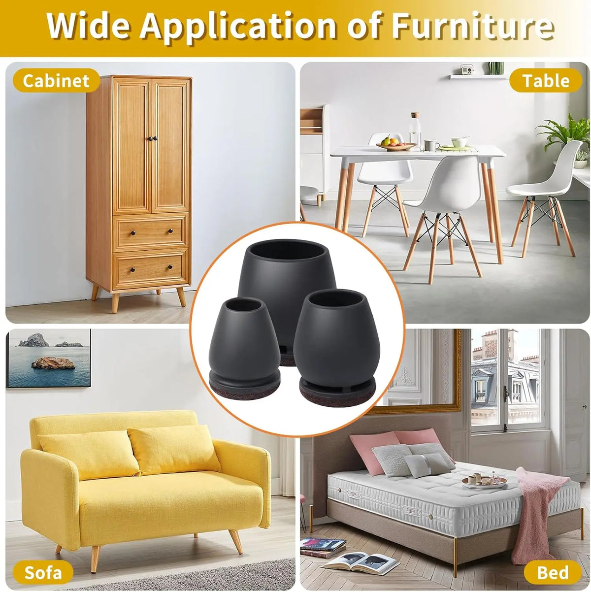 Set of furniture floor protectors shown in various applications for cabinets, dining tables, sofas, and beds