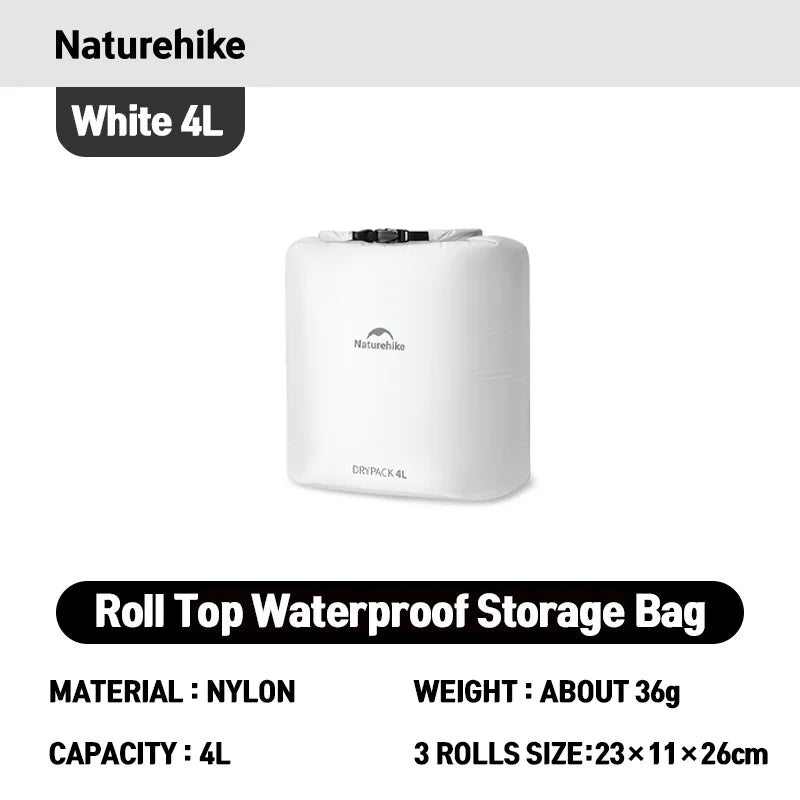 Naturehike Rolled Waterproof Storage Bag - Lightweight Compression Organizer – White 4L New
