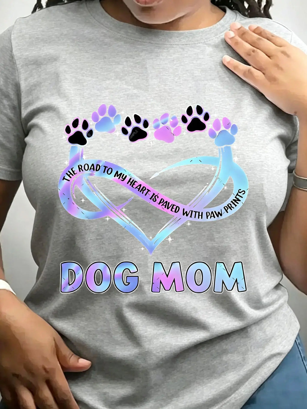 Grey crew neck t-shirt with Dog Mom infinity heart and paw print design