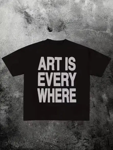 Black short sleeve crew neck t-shirt with white ART IS EVERYWHERE text print on chest