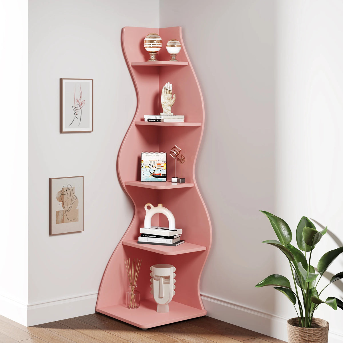 Tribesigns 5-Tier Corner Bookshelf, 19.6"D x 18.8"W x 69.8"H – Pink