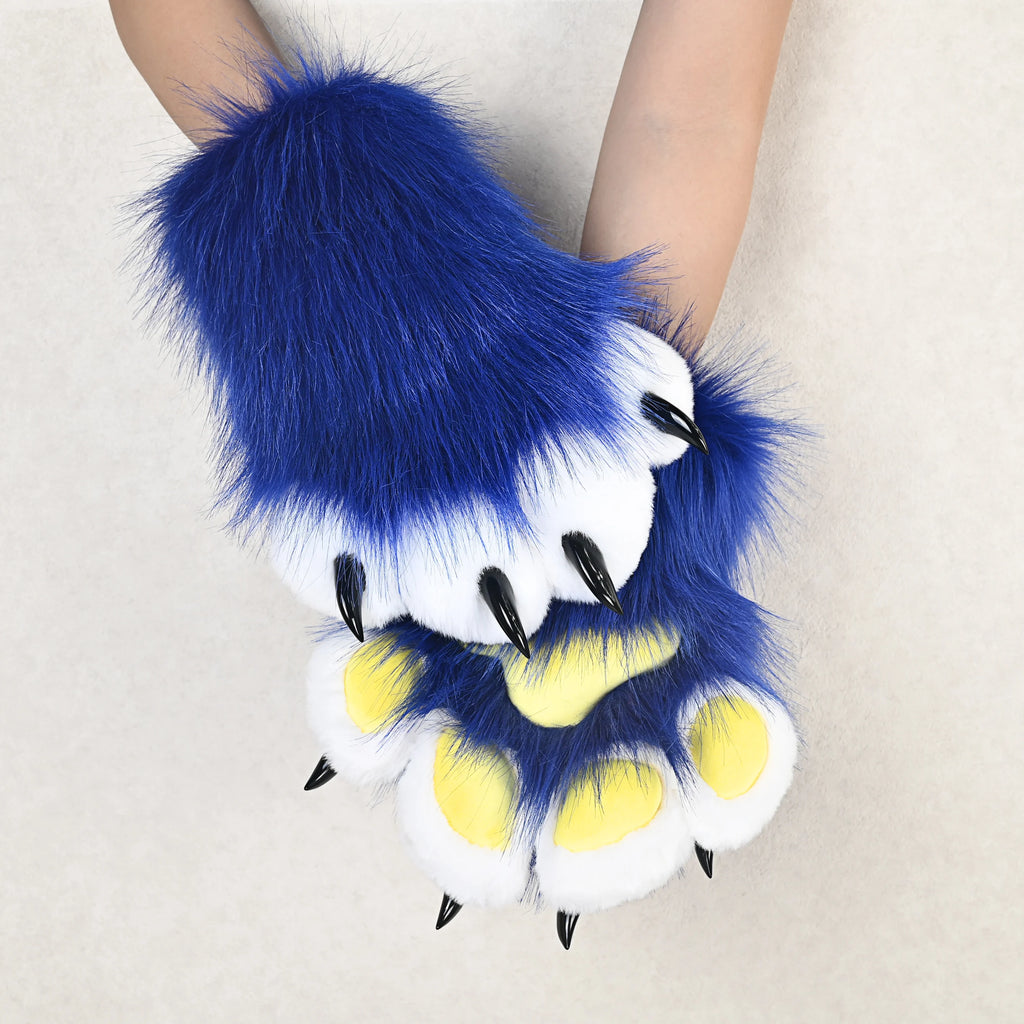 Faux Fur Cat Claw Gloves – Plush Animal Paw Mittens for Adult Cosplay – Blue