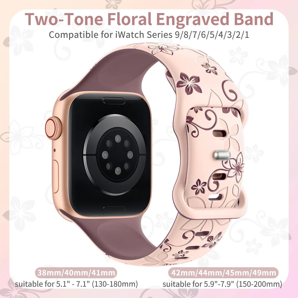 Engraved two-tone floral silicone watch band with compatibility information