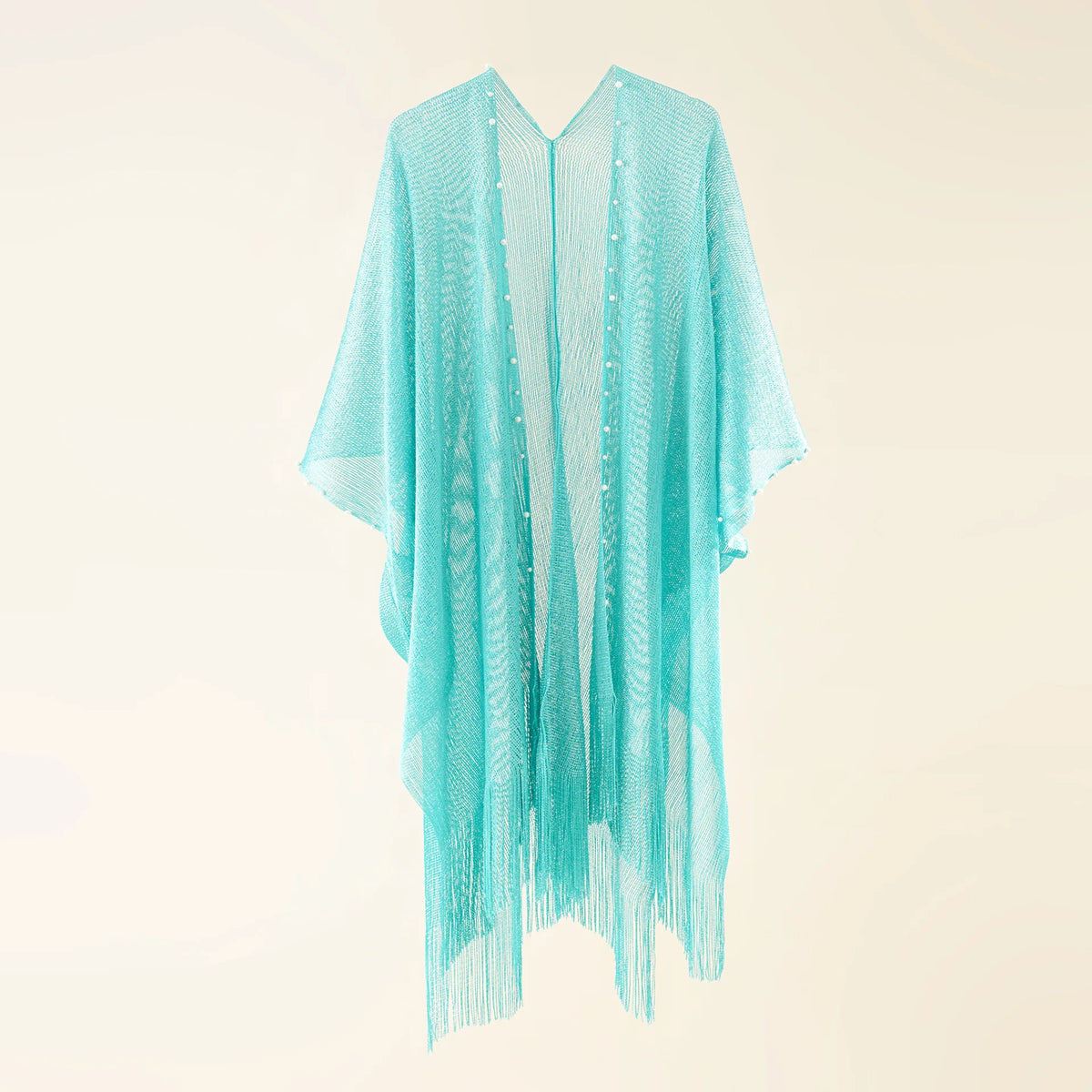 A turquoise pearl-embellished fringe kimono cardigan on a plain background.