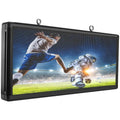 Rectangular programmable LED advertising screen showing a soccer game graphic