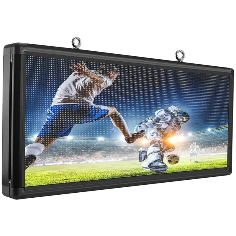 Rectangular programmable LED advertising screen showing a soccer game graphic