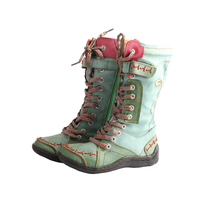 TMA EYES Women's Retro Lace-Up Leather Mid-Calf Snow Boots – Green