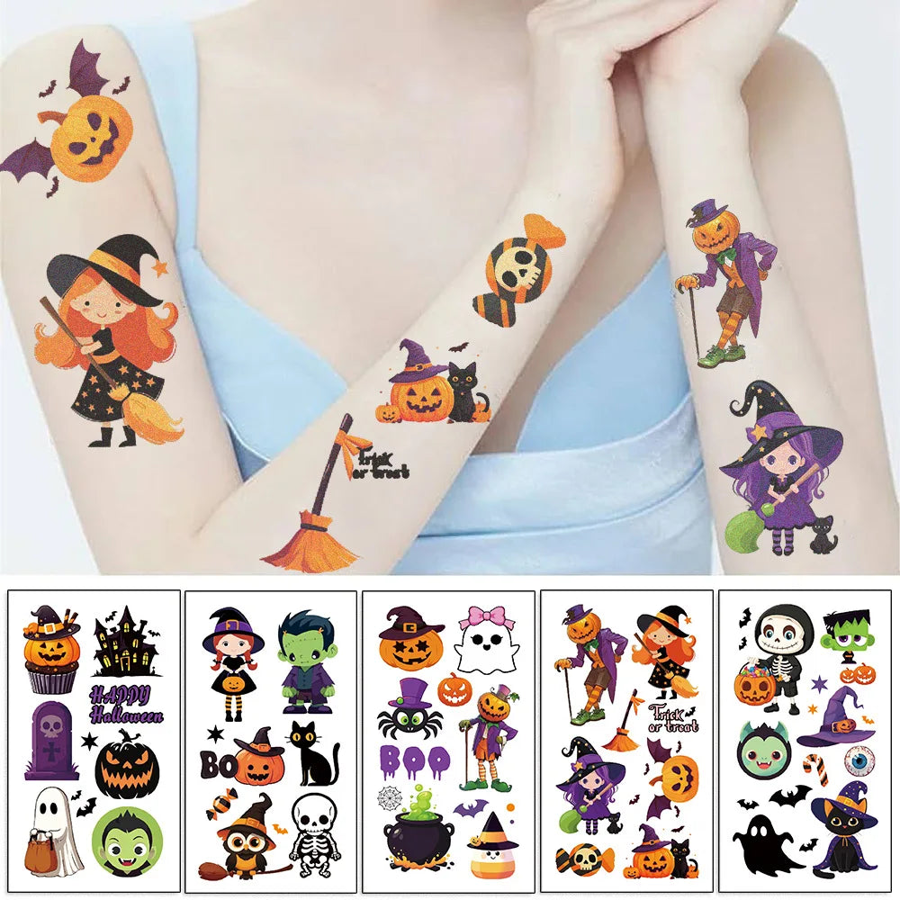 Temporary Halloween tattoos for children showing various designs on arms and displayed as individual sheets