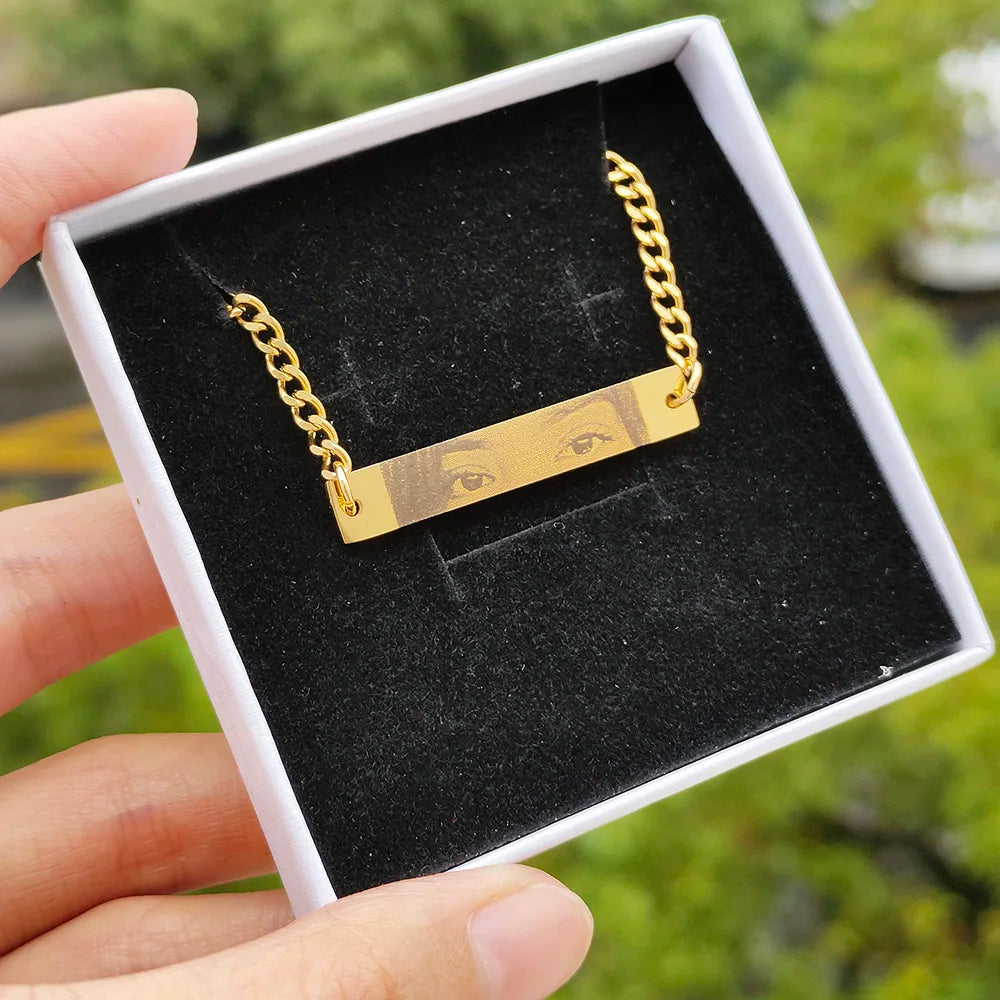 Personalized Photo Pendant Necklace Stainless Steel Custom Engravable – Gold2 3mm chain
