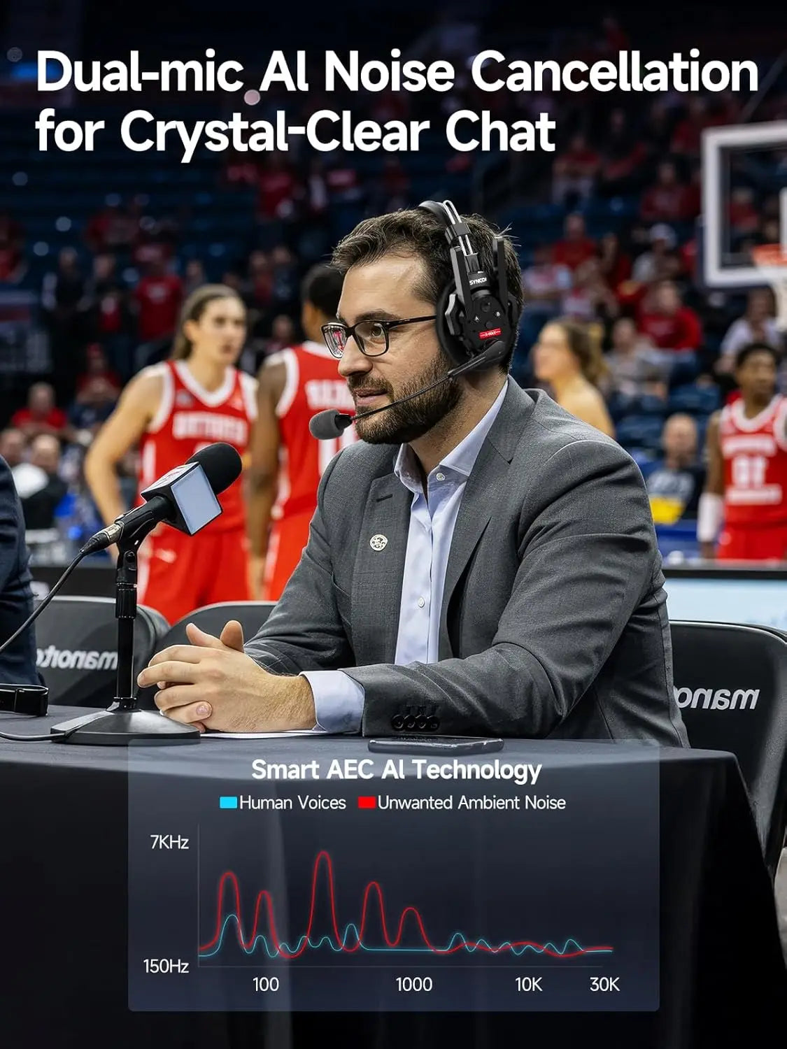 Man wearing an intercom headset during a broadcast, showing an AI noise cancellation graph
