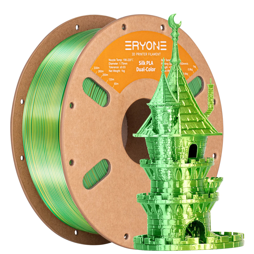 Eryone Silk Dual Color PLA 3D Printer Filament 1.75mm, 1kg Spool – Yellow Green 1kg