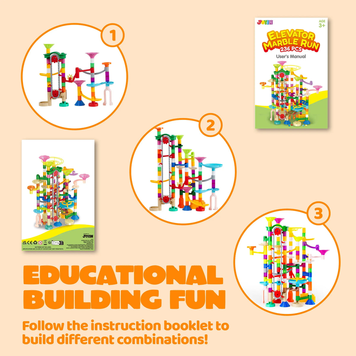 Three different assembly configurations of a marble run building toy.